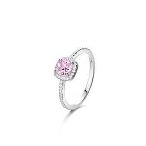 Detail showing S925 hallmark on silver ring with pink cushion-cut zircon and pave crystals