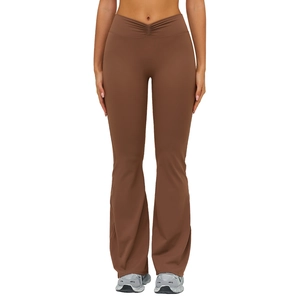 High-waisted chocolate flared yoga pants with V-shaped pleated waistband and slim fit