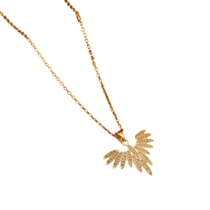Elegant gold leaf wing pendant necklace with sparkling zircon crystals on white background