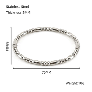 Polished stainless steel minimalist bangle bracelet with oval beads and snap closure