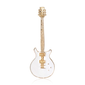 White enamel guitar brooch with gold metal details on a clean white background