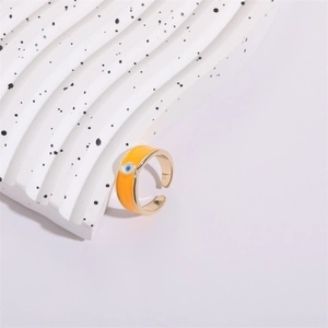 Adjustable 14K gold plated ring with orange enamel and Evil Eye charm design