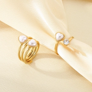 Minimalist 18K gold plated stainless steel open ring with heart pearl and zircons