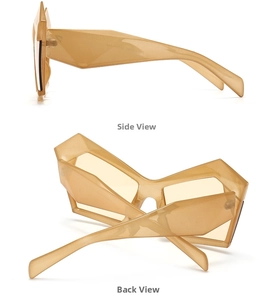 Detailed side and back views of irregular geometric amber tortoise sunglasses