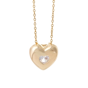 Elegant gold heart pendant necklace featuring a central clear heart-shaped zircon gemstone