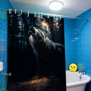 Wolf in dark forest printed waterproof polyester bathroom shower curtain with metal hooks