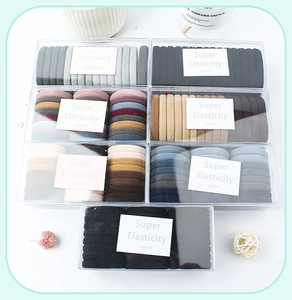 Detail of multi-color elastic hair band set in clear rectangle box for daily styling