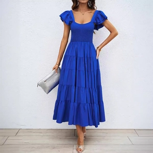 Robe d'été bohème bleu roi pour femme avec col carré et ourlet à volants étagés