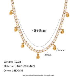 18K gold plated stainless steel bead tassel necklace with cubic zirconia crystals