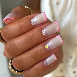 Pink French Tip Press On Nails ABS Square Fake Nails With Glitter Sparkle For DIY Manicure Women