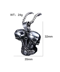 Detailed view of punk double skull engine pendant necklace with weight and size specs