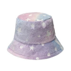 Plüsch Fischerhut mit Sternmuster in bunten Macaron-Batikfarben für den Winter