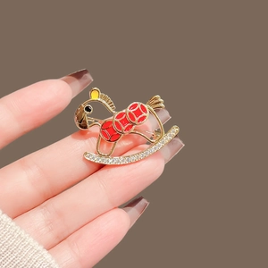 Rocking Horse Brooch Alloy Red Enamel Pin Rhinestone New Chinese Style Lucky Coin Jewelry Accessory For Women