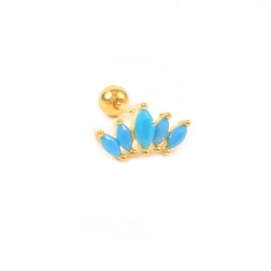Close-up of gold S925 sterling silver ear stud featuring five blue marquise stones
