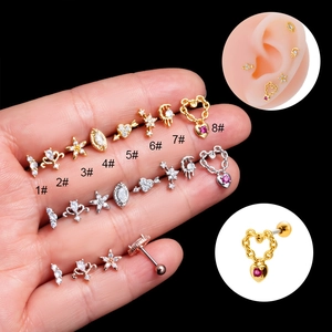 Cartilage Piercing Stud Stainless Steel Copper Zircon Heart Flower Shape Double Head Screw Ball Helix Earring Women