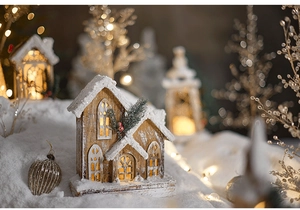 Close-up of wooden Christmas house with warm LED lights in a snowy winter scene