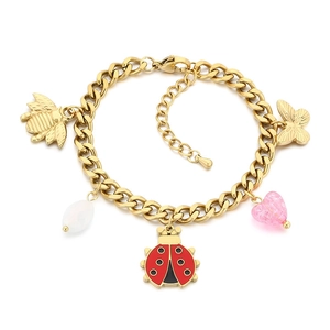 Golden stainless steel bracelet featuring cartoon bee, ladybug, and heart charms on white