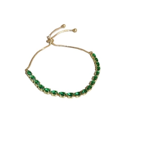 Gold plated vintage bracelet with emerald green floral charms and adjustable pull chain
