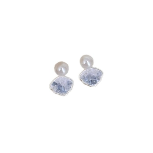 Elegant silver earrings with round pearls and light blue crystal pendants for women