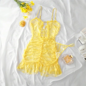 Detailed view of lemon yellow lace babydoll lingerie with heart patterns and ruffles