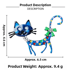 Detailed view of colorful enamel cat brooch with measurements 6.5cm by 4.6cm