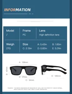 Detailed size chart for polarized sports sunglasses showing frame and lens dimensions