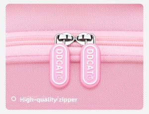 Detail of high-quality pink rubber zipper pull with logo on a nylon school backpack