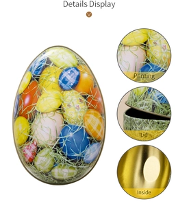 Detail display of Easter tinplate egg candy box with colorful printing and golden interior