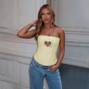 Corset Top Cœur Évidé Strass Dentelle Jacquard Sans Bretelles Slim Sexy Streetwear Fermeture Éclair Femmes
