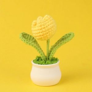 Handmade crochet yellow tulip in white pot, realistic knitted flower office desk decor