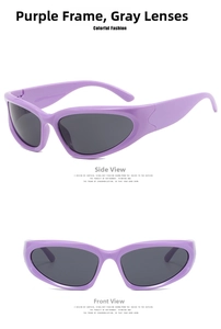 Front and side view of purple Y2K steampunk cat-eye sunglasses with grey lenses