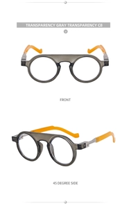 Front and 45-degree side view of round transparent gray frames with orange temples
