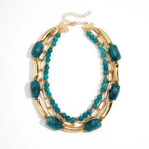 Bohemian multi-layer necklace with green resin beads and golden alloy chain links