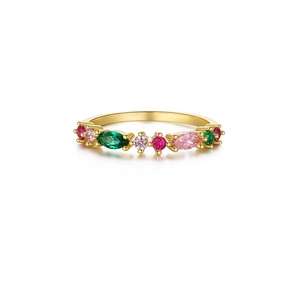 Detailed close-up of S925 silver ring with 18K gold plating and colorful marquise zircons
