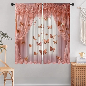 Detailed texture of sheer pink gradient curtains featuring delicate brown butterfly prints