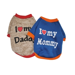 Detail of fleece dog hoodies in blue and grey with I Love My Daddy and Mommy slogans