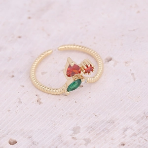 Adjustable gold ring featuring strawberry design with red and green zircon crystals