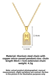 Close-up of gold double-layer H-letter pendant necklace with dimensions and materials