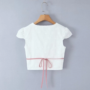 White eyelet embroidery crop top for women with red plaid lace-up back detail