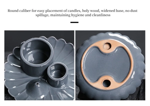 Macro detail of round gray ceramic holy wood holder with a lotus petal base and wide rim
