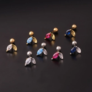 Leaf shaped stainless steel cartilage studs with colorful marquise zircons and screw ball