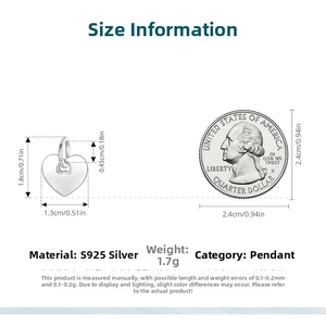 Detailed S925 sterling silver heart charm dimensions showing 1.8cm height next to a coin