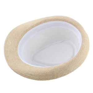 Detailed interior of woven straw hat featuring white sweatband and fabric lining