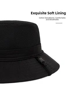 Detailed shot of breathable mesh lining and soft cotton sweatband on a black sun hat