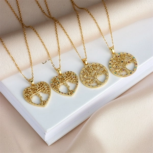 Golden Tree of Life necklaces with colorful zircon stones in heart and round pendants