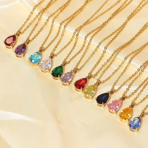 18K gold plated stainless steel teardrop necklace set with multi-color cubic zirconia