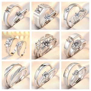 Collage of nine pairs of silver sterling silver rings with white cubic zirconia stones