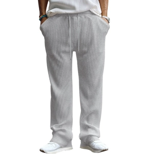 Men's grey vertical striped casual straight pants with adjustable drawstring waist