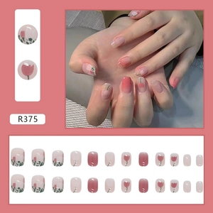 Pink gradient short press-on nails with hand-painted tulip patterns and 24-piece full set