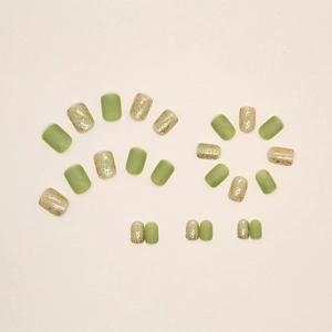 Glossy green glitter and matte olive green press-on nails set with 24 pieces